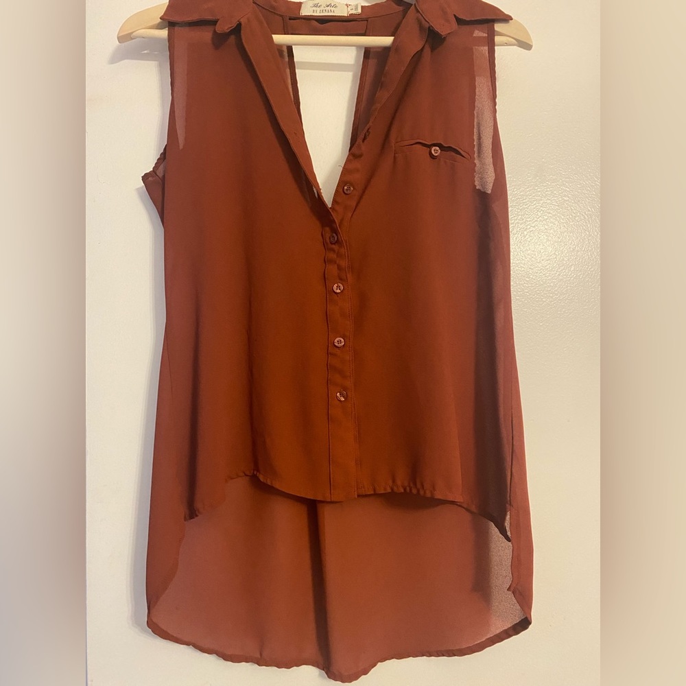 The Arte by Zenana Terra Cotta/Dark Rust or Brick Red Tank top sheer Blouse
